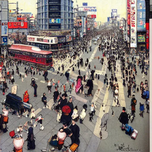 Prompt: Tokyo's Shibuya Crossing painted by Norman Rockwell