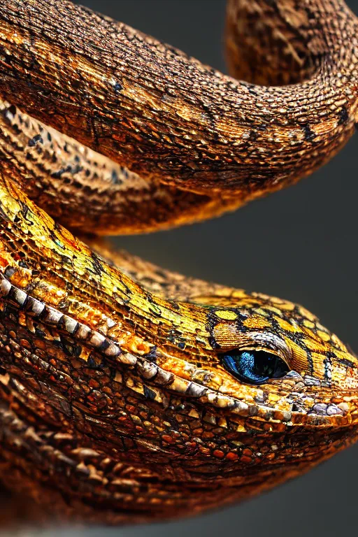 Image similar to a macro photo of a smol snek at the camera, dynamic pose, close - up, intricate details, intricately detailed scales, intricate textures, warm lighting, vivid colors, smoke and mist, realistic octane render, hyper realistic render, volumetric shading, depth of field, raytracing, 8 k,