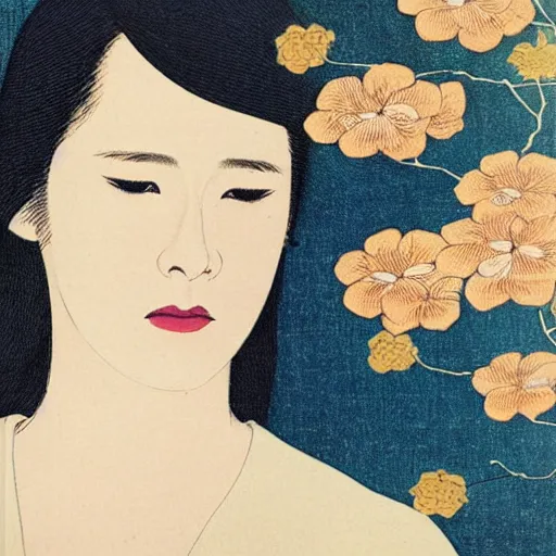 Prompt: “ evan rachel wood portrait by ikenaga yasunari and ayana otake and ko rakusui, 6 0 s poster, drawing, realistic, sharp focus, japanese, dreamy, nostalgia, faded, golden hues, floral clothes, porcelain skin ”