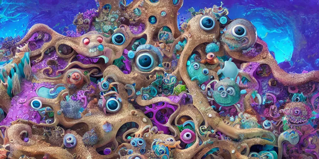 Image similar to of an intricate sea reef with strange cute friendly happy creatures with huge eyes, mouth, long tongue, round teeth and goofy face, appearing from the background, in the style of gehry and gaudi, macro lens, shallow depth of field, ultra detailed, digital painting, trending artstation, concept art, illustration, cinematic lighting, photorealism, epic, octane render