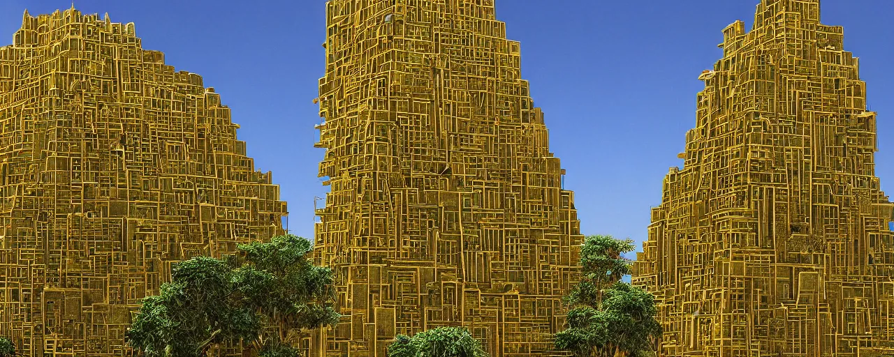 Image similar to babylon tower, stacked volumes, vegetated roofs, golden architecture, golden intricate details, ancient sacred geometry