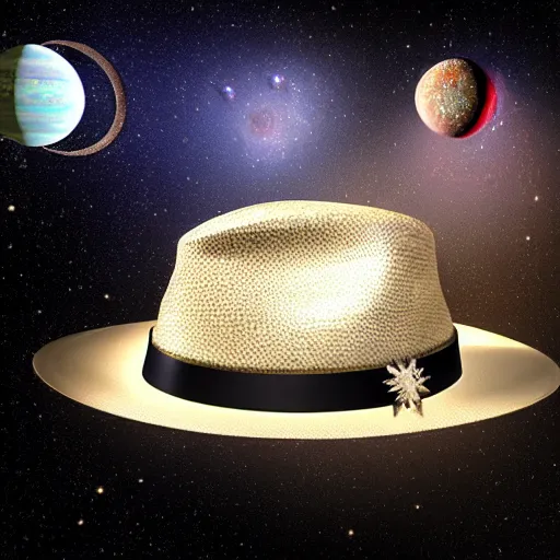 Image similar to a hat made out of stars and moons and planets, hyperrealistic detailed beautiful intricate 3 d render