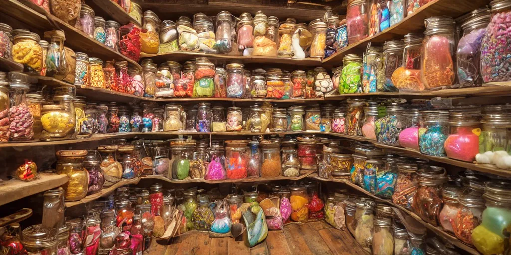 Image similar to Inside an old sweet shop, large jars on shelves, beautiful labels, fantasy vendor interior, wide angle, cinematic, highly detailed, photorealistic, rich bright colors, trending on artstation