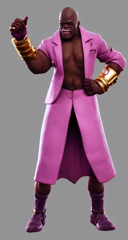 Image similar to doomfist, pink blazer, overwatch game, digital art, high detailed, artstation, 3 d render