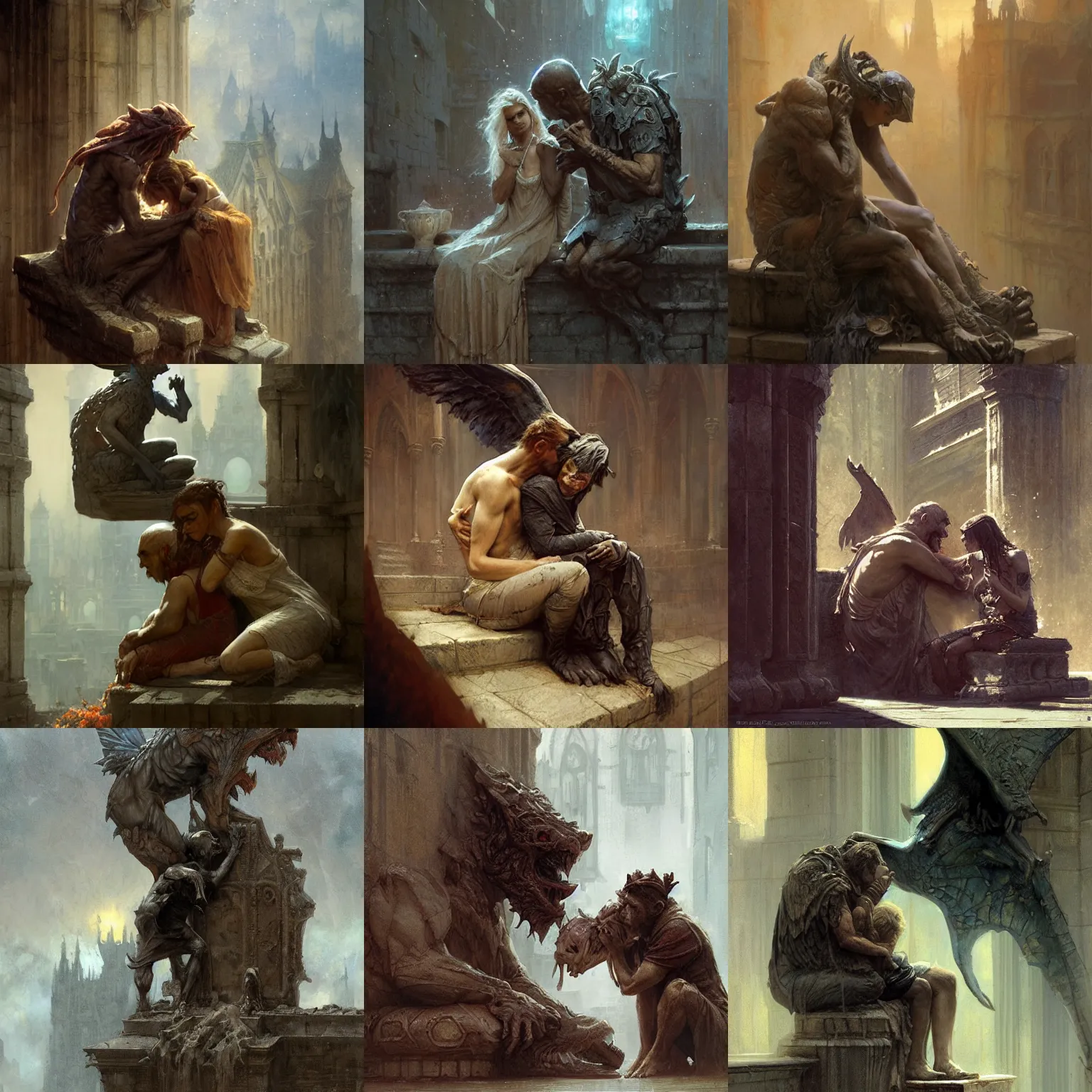 Prompt: a living gargoyle comforts a grieving woman, fantasy illustration by Greg Rutkowski, Gaston Bussiere, craig mullins