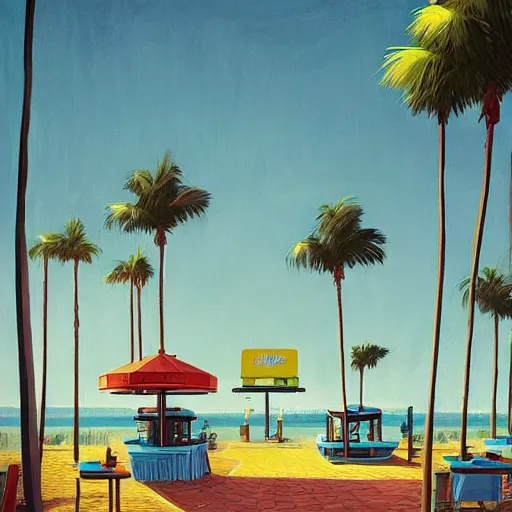 Image similar to inside diner at the beach with palm trees by simon stalenhag