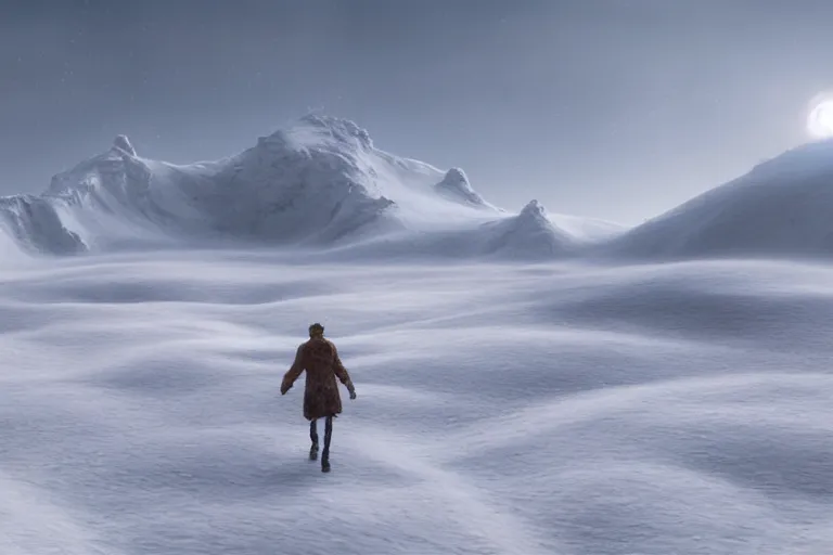 Prompt: a person walking across a snow covered field, landscape inspired by salvador dali, a matte painting by li shida, cgsociety, context art, redshift, matte painting, reimagined by industrial light and magic