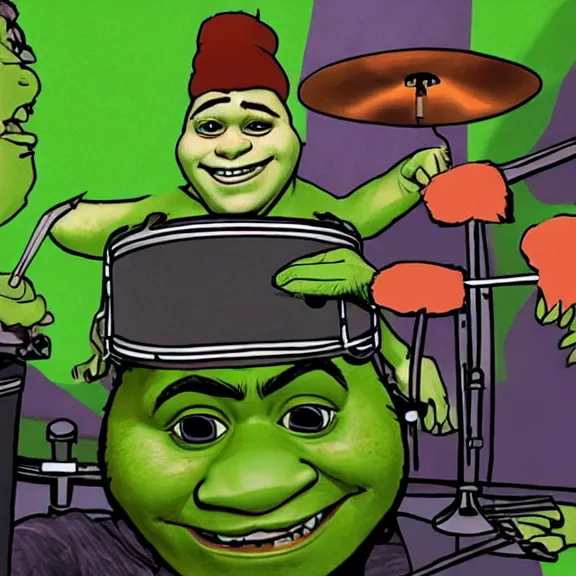 Prompt: shrek playing on drums in style of gorillaz by jamie hewlwtt