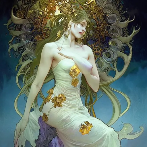 Image similar to a beautiful terrifying monster made out of crystal and gold. ethereal fantasy art by artgerm and greg rutkowski and alphonse mucha