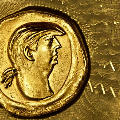 Prompt: an ancient roman gold coin with the face of donald trump, close up photo, ultra realistic, studio photo, bokeh.