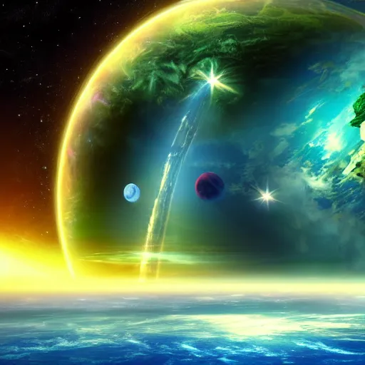 Prompt: anime style hd wallpaper of outer space with a view of a blue and green planet below