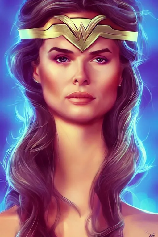 Image similar to portrait of a mix of beautiful young maria shriver, mariel hemmingway, brooke shields and elle macpherson as wonderwoman, thin lips, hair tied up in a pony tail, colorful artstation, cgsociety