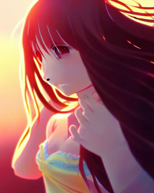 Image similar to anime style, vivid, expressive, full body, 4 k, a cute girl with white skin and long wavy hair humming a song, stunning, realistic light and shadow effects, centered, simple background, studio ghibly makoto shinkai yuji yamaguchi