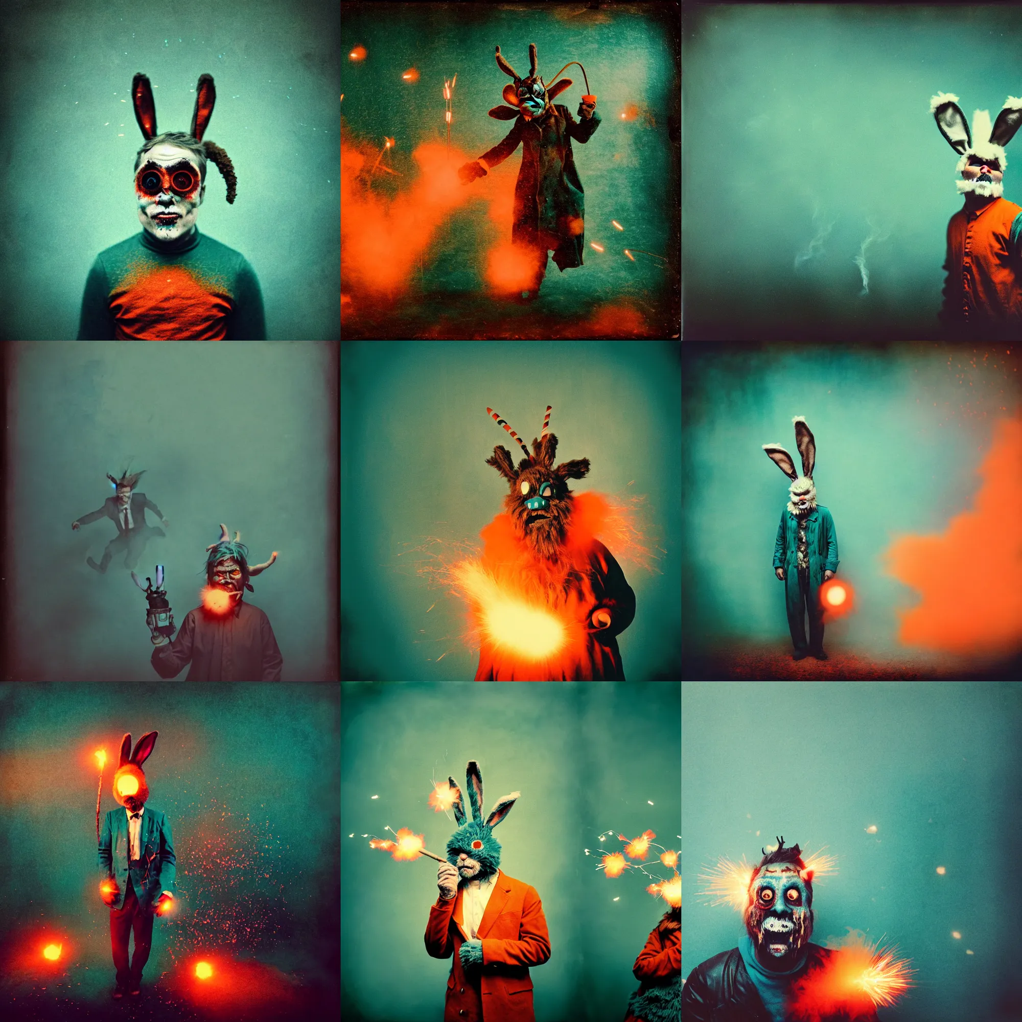 Prompt: kodak portra 4 0 0, wetplate, teal and orange colours, explosions, rockets, krampus, bunny head, the walking dead, 1 9 1 0 s style, motion blur, portrait photo of a backdrop, bombs, sparkling, fog, by georges melies and by britt marling