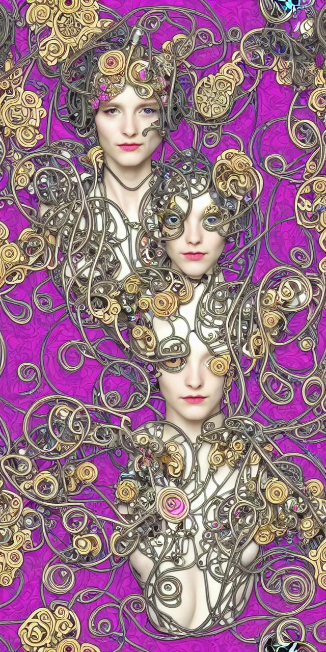 Prompt: seamless pattern of beautiful cybernetic robotic goddess with colorful flowers cartier jewelry and cables arranged in a art nouveau damask pattern, subsurface scattering, rainbow liquids, inside organic robotic tubes and parts, black background, symmetrical composition + intricate details, hyperrealism, wet, reflections + by alfonse mucha, no blur