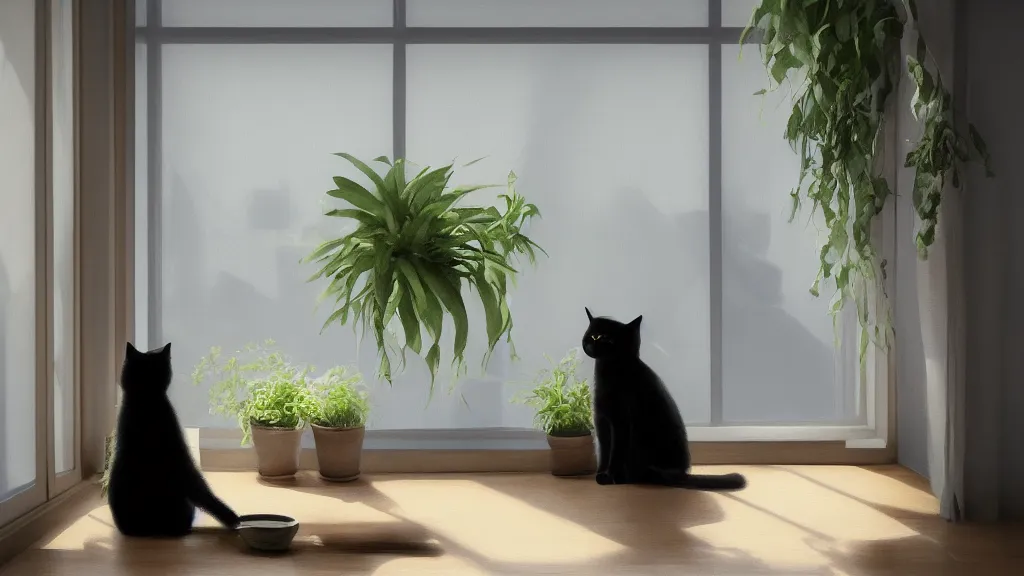 Image similar to peaceful dreamy painting of a content black cat sitting by a window and looking outside, sunshine coming through the window, small plants on the window sill, 8k, hyper realism, trending on artstation, octane render, concept art