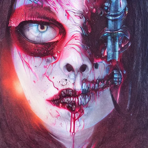 Image similar to portrait of Grimm Reaper, cameras, melting ,8k,by tristan eaton,Stanley Artgermm,Tom Bagshaw,Greg Rutkowski,Carne Griffiths, Ayami Kojima, Beksinski, Giger,trending on DeviantArt,face enhance,hyper detailed,minimalist,cybernetic, android, blade runner,full of colour