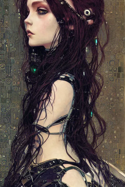 Prompt: portrait of beautiful young gothic maiden, cyberpunk, Warhammer, highly detailed, artstation, illustration, art by Gustav Klimt and Ilya Kuvshinov