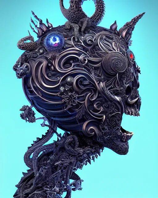 Image similar to 3 d ornate carved dark cosmic king with profile portrait, sigma 5 0 0 mm f / 5. beautiful intricate highly detailed quetzalcoatl skull. bioluminescent, plasma, lava, ice, water, wind, creature, thunderstorm! artwork by tooth wu and wlop and beeple and greg rutkowski, 8 k trending on artstation