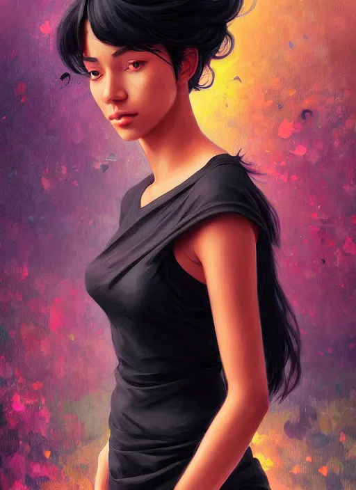 Image similar to handsome black young women with shoulder length black hair, half body shot, path traced, highly detailed, high quality, digital painting, alena aenami, lilia alvarado, shinji aramaki, karol bak, alphonse mucha, tom bagshaw