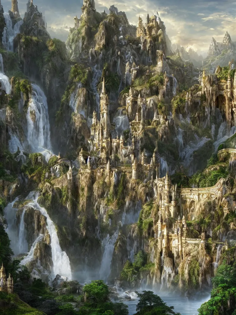 Image similar to a beautiful fantasy landscape of a large majestic castle adorned with gold linings and white marble walls from DND with lots of towers bridges and levels on top of a lush cliff with a huge waterfalls in the middle, ruins of structures at the bottom, afternoon light streaking with god rays, Dungeons and Dragons Castle, ornate, detailed, octane render, 8k, trending on artstation deviantart google images, pinterest, canon 35mm lens