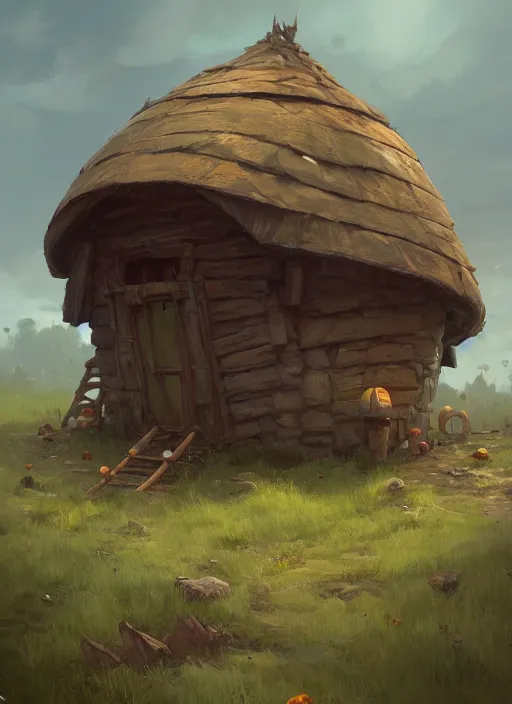 Image similar to hut with big legs, greg rutkowski, zabrocki, karlkka, jayison devadas, trending on artstation, 8 k, ultra wide angle, zenith view, pincushion lens effect