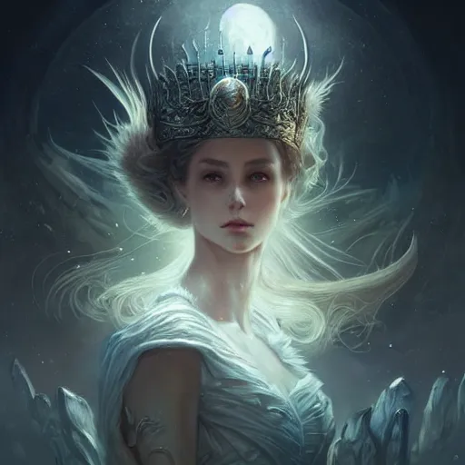 Image similar to lunar queen, fine art, awesome fantasy book cover on pinterest, award winning, dark fantasy landscape, fantasy magic, intricate, elegant, sharp focus, cinematic lighting, highly detailed, digital painting, concept art, art by wlop and artgerm and greg rutkowski, masterpiece, trending on artstation, 8 k