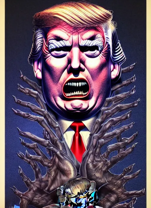 Image similar to donald trump's grotesque true form revealed, horror, high details, intricate details, by vincent di fate, artgerm julie bell beeple, 1 9 8 0 s, inking, vintage 8 0 s print, screen print