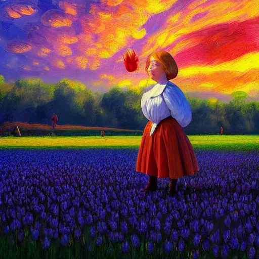 Prompt: giant tulip head dutch girl, surreal photography, flower field, sunset dramatic light, impressionist painting, colorful clouds, blue sky, digital painting, artstation, simon stalenhag