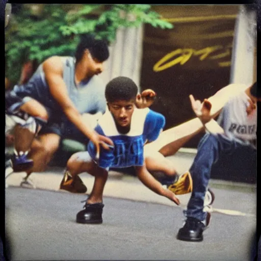 Prompt: Polaroid SX70 photo of breakdancers battling in the bronx in 1984, Unsplash photo contest winner, 35mm lens