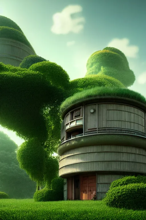 Image similar to cylindrical house, solarpunk, studio ghibli, jean - baptiste monge, octane render, 4 k