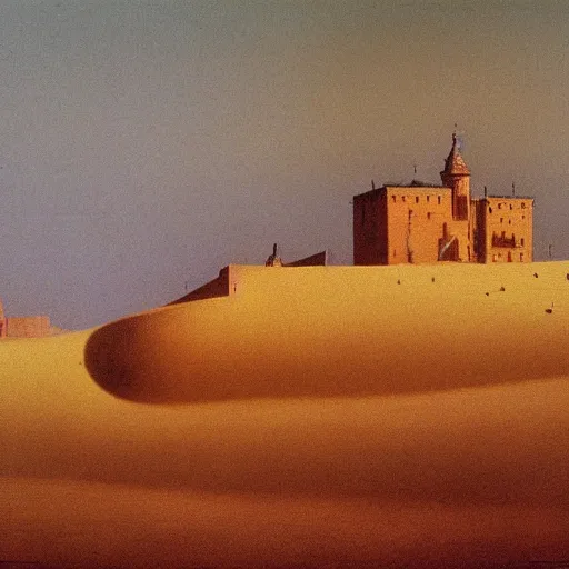 Image similar to Beksinski painting of Cracow Wawel castle buried in the sands of a vast desert, most of the castle is covered in sand, beautiful lighting, detailed, realistic