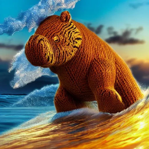Image similar to a closeup photorealistic photograph of a cute knitted tiger hippopotamus riding an epic wave during sunset. well textured. surf in the background. professional capture. brightly lit scene. this 4 k hd image is trending on artstation, featured on behance, well - rendered, extra crisp, features intricate detail, epic composition and the style of unreal engine.