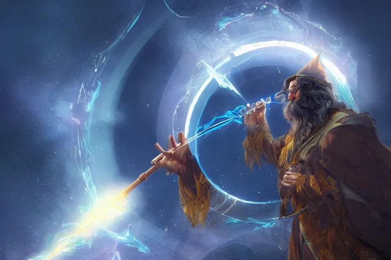 Prompt: Wizard opening a portal in the sky with his magic wand, hyperdetailed, artstation, cgsociety