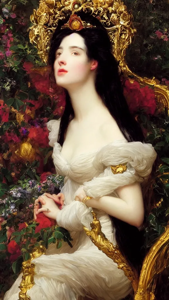 Image similar to a beautiful black haired woman with pale skin and a crown on her head sitted on an intricate metal throne by franz xaver winterhalter and delphin enjolras and rebecca guay