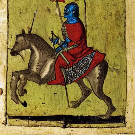 Image similar to knight riding on lizard, medieval painting