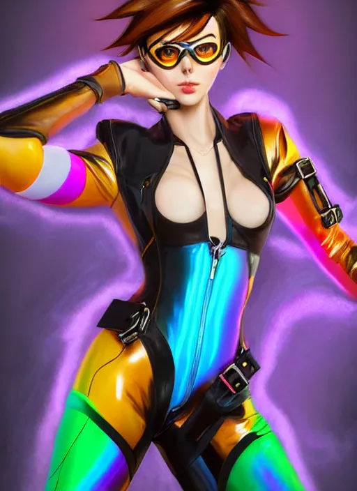 Prompt: portrait digital artwork of tracer overwatch, wearing iridescent rainbow latex and leather straps catsuit outfit, in style of mark arian, angel wings, dramatic painting, wearing detailed leather collar, chains, black harness, detailed face and eyes,