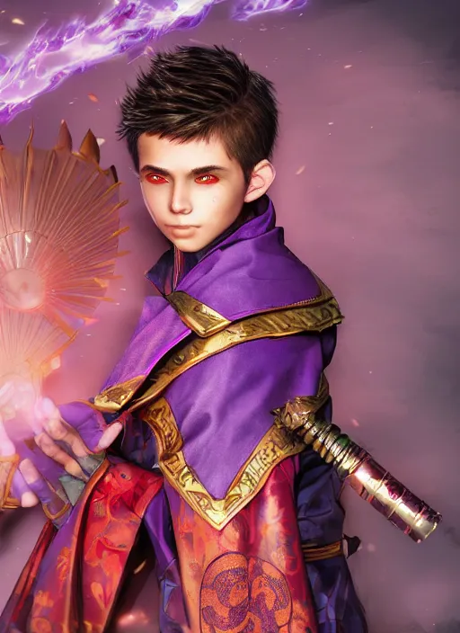 Prompt: An epic fantasy comic book style portrait painting of teenager boy with straight indigo hair, purple eyes with red eye markers, slim body, wearing a detailed Japanese kimono with golden armor details, holding a fan. Unreal 5, DAZ, hyperrealistic, octane render, cosplay, RPG portrait, dynamic lighting