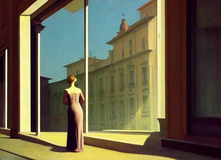 Prompt: a beauty woman stands at citroen ds 1 9 in rome, highly detailed, soft lighting, elegant, by edward hopper and james gilleard, zdzislaw beksinski, steven outram, highly detailed