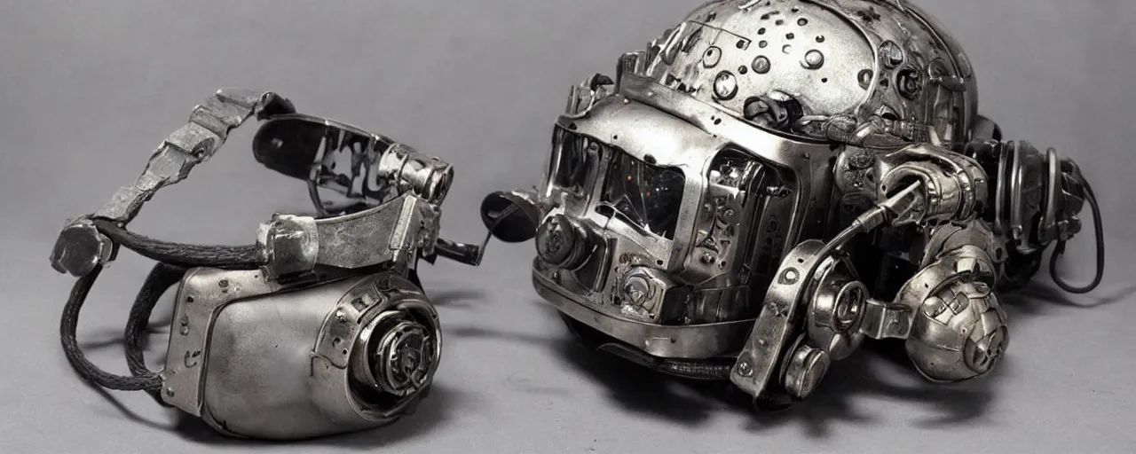 Image similar to vintage photo of advanced complex steampunk VR headset, terminator, robot, borg