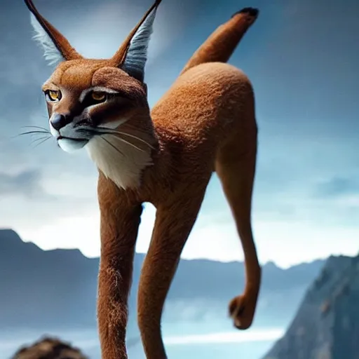 Prompt: A beautiful scene from a 2020 sci-fi film featuring a humanoid caracal wearing a suit. Detailed, photorealistic special effects.