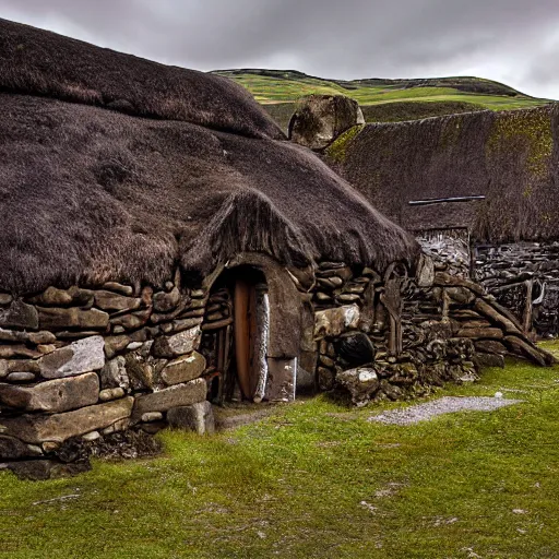 Prompt: ancient scottish blackhouse designed by constantin brodzki., fujinon premista 1 9, 4 5 mm