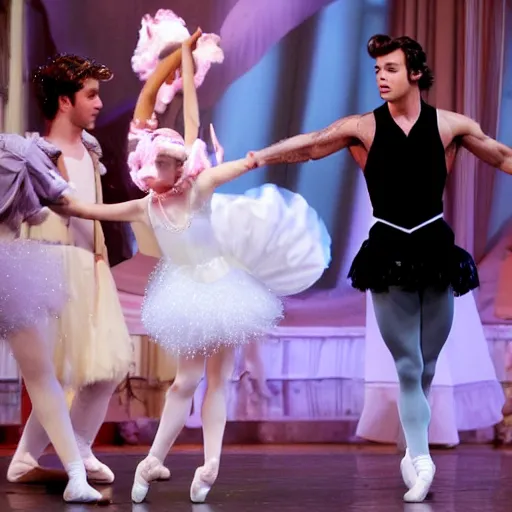 Image similar to Harry styles dressed as a princess preforming ballet