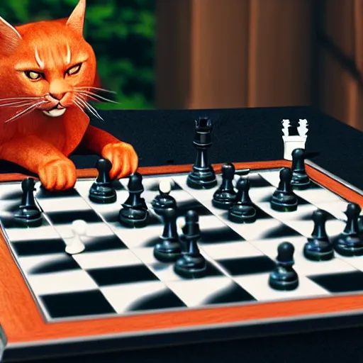 Image similar to grim reaper playing chess with a red cat at a table on a sunny veranda, 8 k, ultra realistic, unreal engine 5