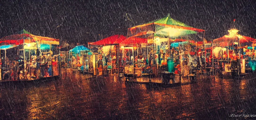 Image similar to Look of Small outdoor carnival, rain, night, noire tents, digital art, 8k, moody details