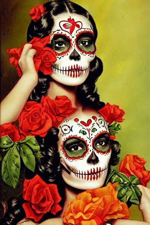 Prompt: illustration of a sugar skull day of the dead girl, art by gil elvgren