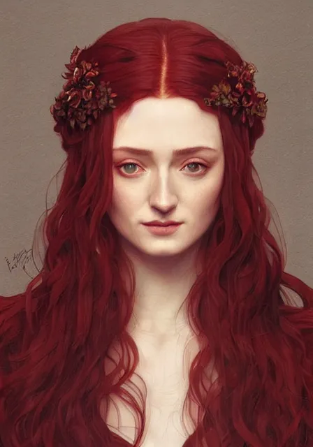 Prompt: portrait of red sansa stark, intricate, elegant, highly detailed, digital painting, artstation, concept art, smooth, sharp focus, illustration, art by artgerm and greg rutkowski and alphonse mucha and william - adolphe bouguereau