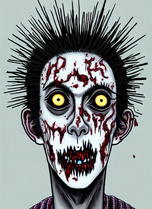 Image similar to junji ito style portrait of zombie teenage jughead jones wearing a light grey crown, zombie, crown, rotting skin, blind eyes, white eyes, crown, black hair, intricate, highly detailed, illustration, art by junji ito