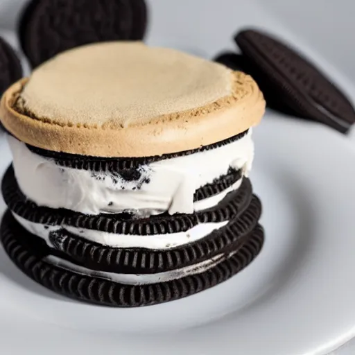 Image similar to oreo Ice cream sandwich with thin sliced ham in the middle, 4K photo, studio lighting