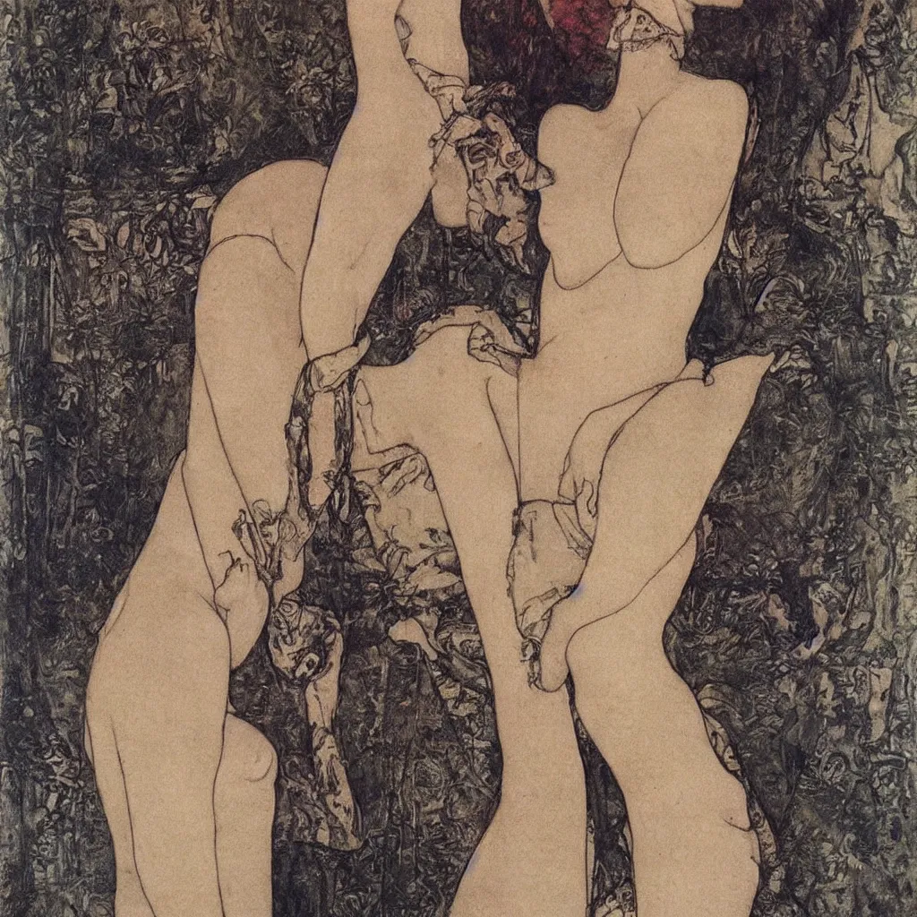 Image similar to engraving by egon shiele